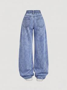 SHEIN Girlism 女童青少年女孩秋冬塗鴉熊圖案藍色丹寧刷毛內裡寬鬆長褲休閒秋季冬季服飾 - 藍色 - 查看 4