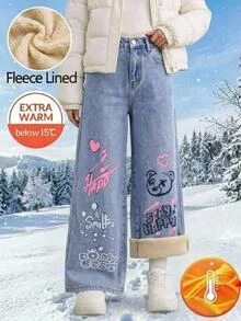SHEIN Girlism 女童青少年女孩秋冬塗鴉熊圖案藍色丹寧刷毛內裡寬鬆長褲休閒秋季冬季服飾 - 藍色 - 查看 1