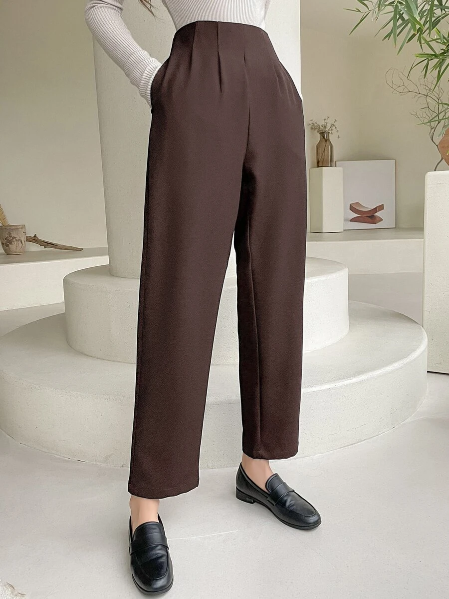 DAZY Women's Solid Color Pleated Straight Leg Casual Business Pants,Women Dress Pants Fall - Coffee Brown - View 1