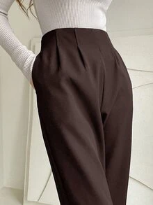 DAZY Women's Solid Color Pleated Straight Leg Casual Business Pants,Women Dress Pants Fall - Coffee Brown - View 5