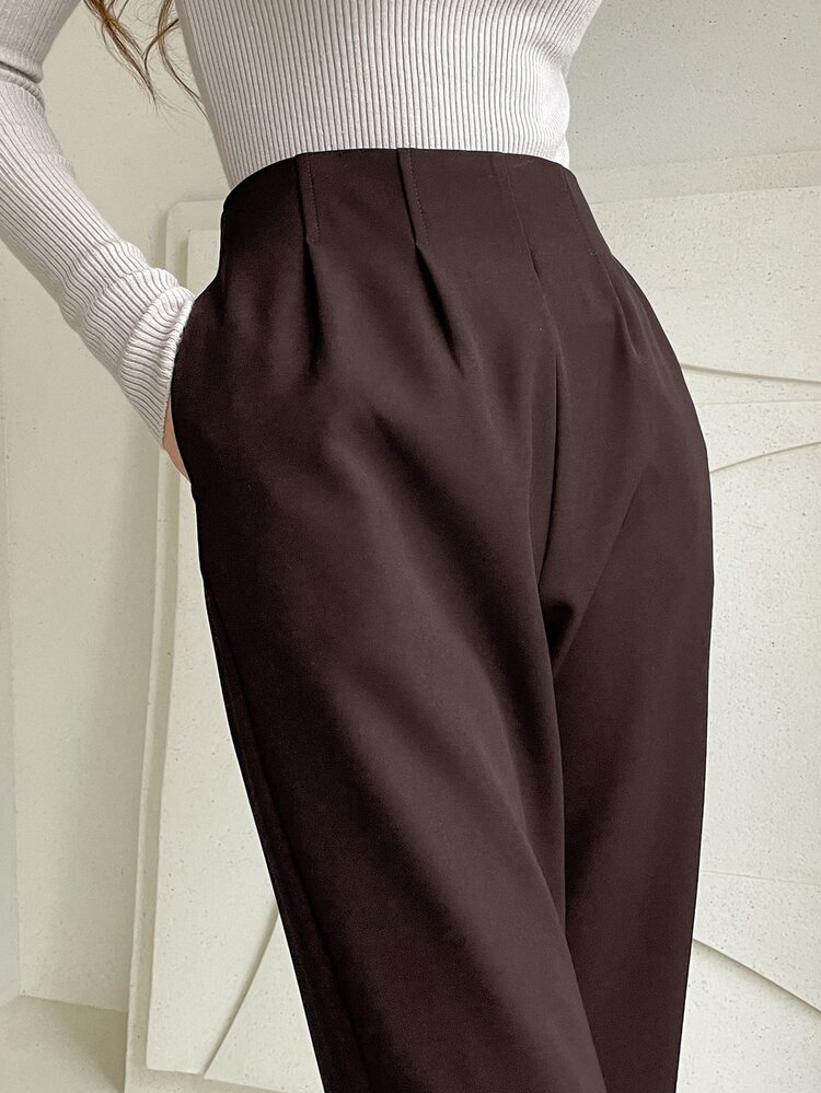 DAZY Women's Solid Color Pleated Straight Leg Casual Business Pants,Women Dress Pants Fall - Coffee Brown - View 5