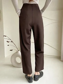 DAZY Women's Solid Color Pleated Straight Leg Casual Business Pants,Women Dress Pants Fall - Coffee Brown - View 4