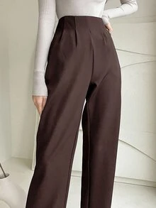 DAZY Women's Solid Color Pleated Straight Leg Casual Business Pants,Women Dress Pants Fall - Coffee Brown - View 3