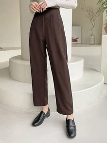 DAZY Women's Solid Color Pleated Straight Leg Casual Business Pants,Women Dress Pants Fall - Coffee Brown - View 7
