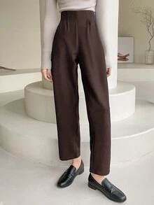 DAZY Women's Solid Color Pleated Straight Leg Casual Business Pants,Women Dress Pants Fall - Coffee Brown - View 2