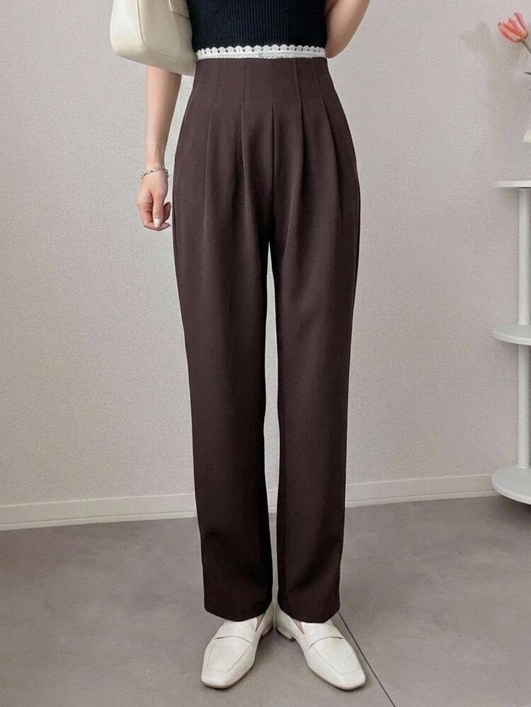 DAZY Women's Solid Color Pleated Straight Leg Casual Business Pants,Women Dress Pants Fall - Coffee Brown - View 6