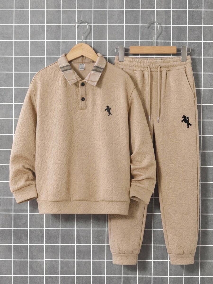SHEIN 青少年男孩休閒寬鬆韓英風格紋 Polo 領紋理長袖衛衣,適合通勤、上學、日常休閒穿著、外出、運動,秋冬款 - 卡其色 - 查看 1