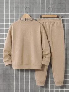 SHEIN 青少年男孩休閒寬鬆韓英風格紋 Polo 領紋理長袖衛衣，適合通勤、上學、日常休閒穿著、外出、運動，秋冬款 - 卡其色 - 查看 2