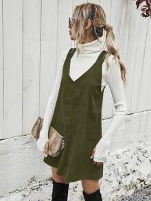 SHEIN 女士纯色休闲日常背带裙，秋冬 - 軍綠色 - 查看 6