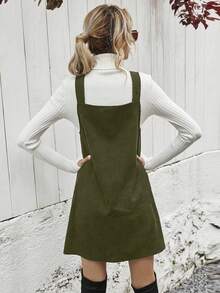 SHEIN 女士纯色休闲日常背带裙，秋冬 - 軍綠色 - 查看 4