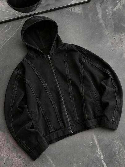 AXEPEAK Men's Solid Color Washed Hoodie Design Black Street Style & Zipper Long Sleeve Denim Jacket, Autumn