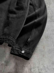 AXEPEAK Men's Solid Color Washed Hoodie Design Black Street Style & Zipper Long Sleeve Denim Jacket, Autumn - Black - View 5