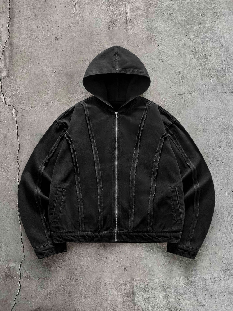 AXEPEAK Chaqueta vaquera de manga larga con cremallera y diseño de sudadera negra de estilo callejero de unicolor lavado para hombre, otoño - Negro - Añade 6
