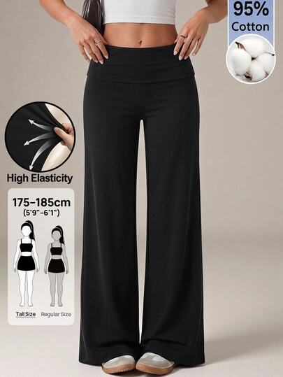 SHEIN Tall Pantalon noir taille haute jambe large ample décontracté basique tenue d'intérieur automne, femmes grandes