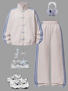SHEIN Sparklyn Tween Girl 中式運動風套裝 秋季穿搭 新款青蛙鈕扣立領夾克 + 寬腿長褲 學生校園灰色運動可愛風 - 杏色 - 查看 2