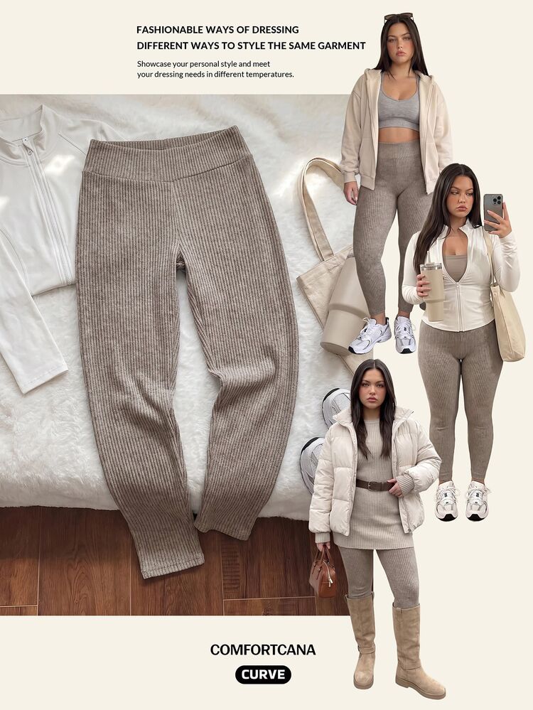 Comfortcana Plus Size Women's Solid Color Elastic Waist Casual Soft Ribbed Leggings Gym Lounge Formal Grey Summer - Khaki - View 8