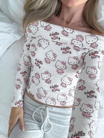CovetEZ HELLO KITTY AND FRIENDS | SHEIN تي شيرت نسائي مريح متعدد الاستخدامات بأكمام طويلة وكتف مكشوف، مطبوع بنمط مشترك العلامة التجارية، مناسب للخروجات والملابس الشارعية وملابس المطار والأناقة والعودة إلى المدرسة وY2K والحفلات وعطلات الشاطئ والعطلات