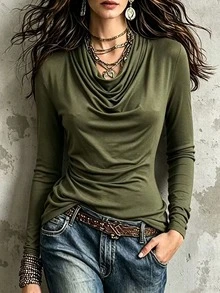 Glimmora Women's Casual Solid Color Cowl Neck T-Shirt, Autumn - Green - View 2