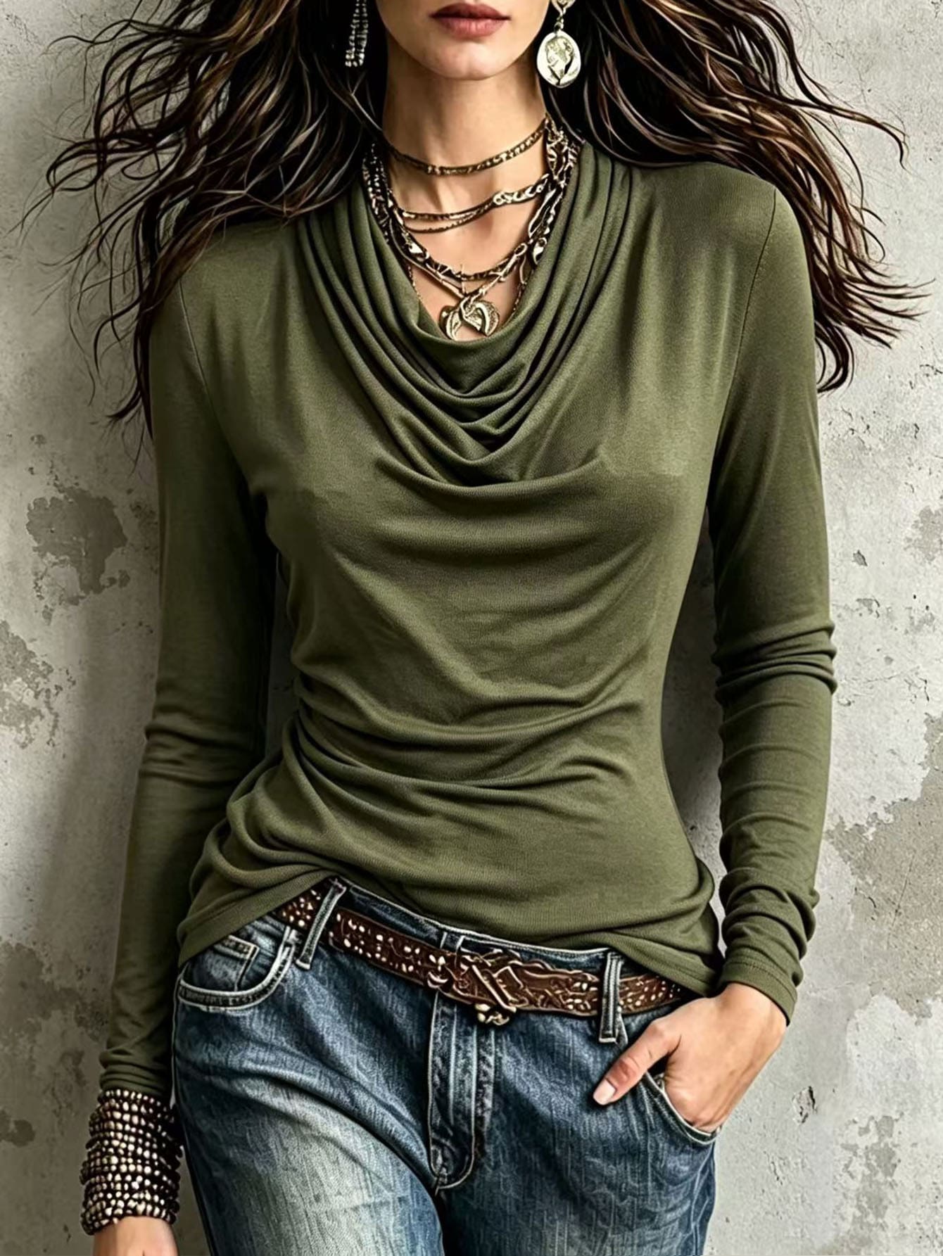 Glimmora Women's Casual Solid Color Cowl Neck T-Shirt, Autumn