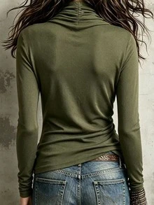 Glimmora Women's Casual Solid Color Cowl Neck T-Shirt, Autumn - Green - View 3