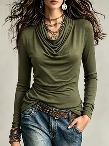 Glimmora Women's Casual Solid Color Cowl Neck T-Shirt, Autumn - Green - View 5