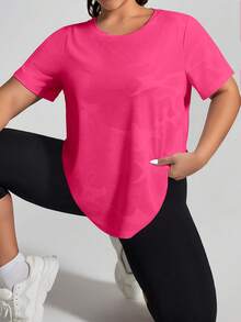 SHEIN Rhythm Era 大码女式迷彩印花圆领休闲短袖运动T恤健身衫 - 粉色 - 查看 4