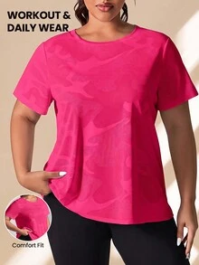 SHEIN Rhythm Era 大码女式迷彩印花圆领休闲短袖运动T恤健身衫 - 粉色 - 查看 1