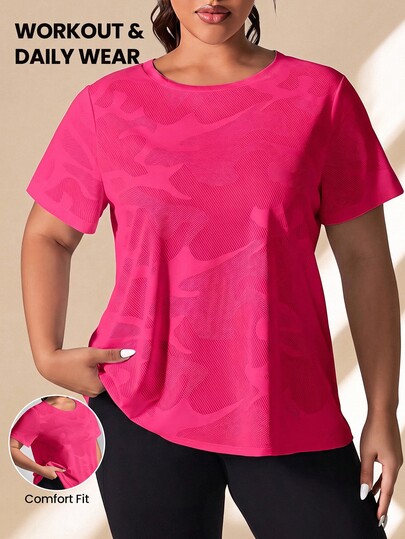 SHEIN Rhythm Era Kaos Olahraga Wanita Ukuran Besar Motif Kamuflase Leher Bulat Lengan Pendek Kasual untuk Gym