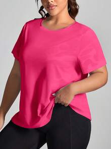SHEIN Rhythm Era 大码女式迷彩印花圆领休闲短袖运动T恤健身衫 - 粉色 - 查看 5
