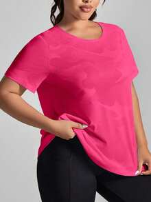 SHEIN Rhythm Era 大码女式迷彩印花圆领休闲短袖运动T恤健身衫 - 粉色 - 查看 3