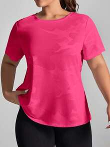 SHEIN Rhythm Era 大码女式迷彩印花圆领休闲短袖运动T恤健身衫 - 粉色 - 查看 7