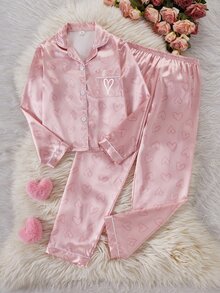 女童時尚休閒愛心印花長袖開襟衫與長褲舒適面料居家服套裝 - 彩色 - 查看 5