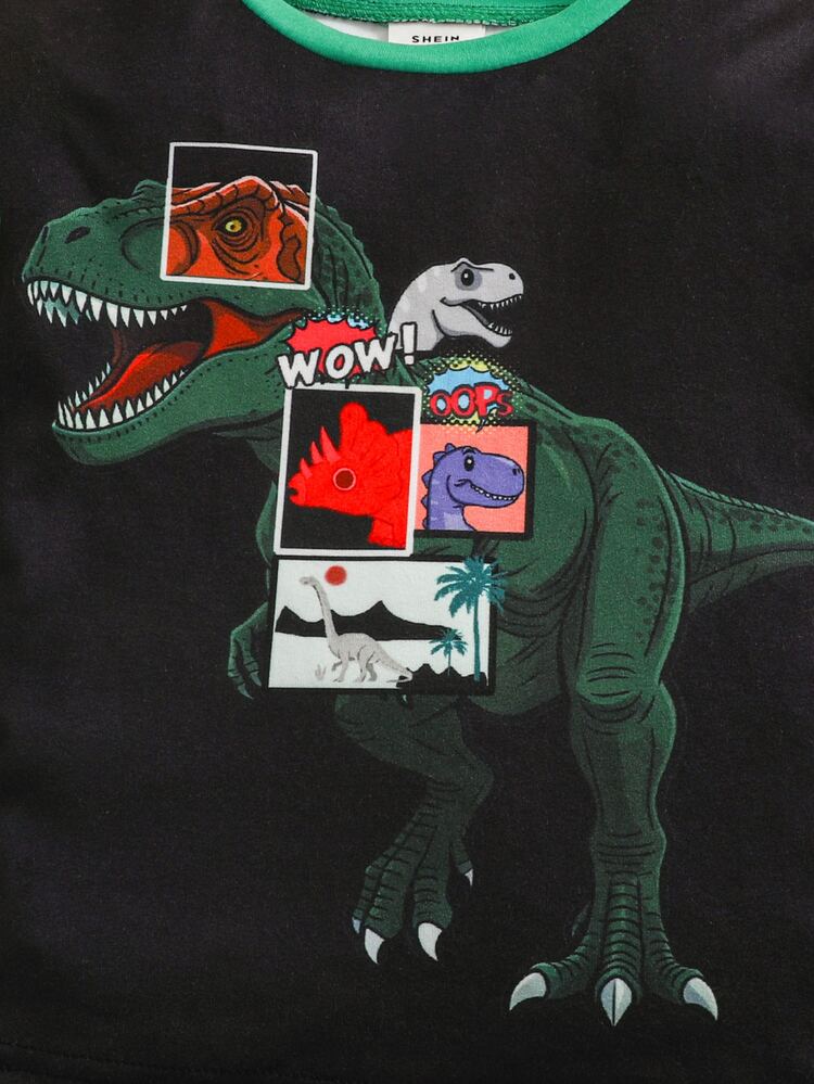 SHEIN Piyama Anak Laki-Laki Pas Badan Motif Dinosaurus Kartun Rajut Lembut Kerah Bulat Lengan Panjang Atasan Pullover Musim Gugur Pinggang Elastis Celana Panjang Dua Potong - Hitam - View 3