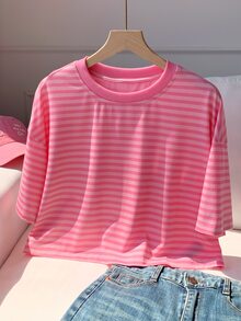 Comfortcana Solid Color Drop Shoulder Short Casual 90s Plus Size T-Shirt Graduation Formal Light Pink Summer - Pink - View 3