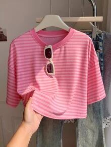 Comfortcana Solid Color Drop Shoulder Short Casual 90s Plus Size T-Shirt Graduation Formal Light Pink Summer - Pink - View 1