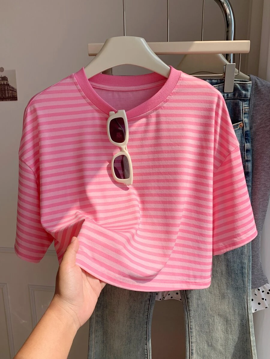 Comfortcana Solid Color Drop Shoulder Short Casual 90s Plus Size T-Shirt Graduation Formal Light Pink Summer - Pink - View 1