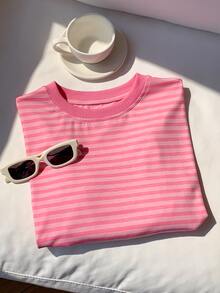 Comfortcana Solid Color Drop Shoulder Short Casual 90s Plus Size T-Shirt Graduation Formal Light Pink Summer - Pink - View 5