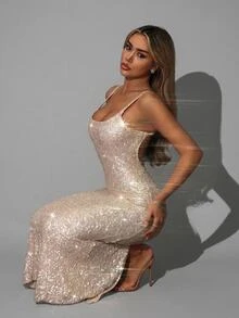 SHEIN ICON Women's Valentines Birthday Party Prom Formal Sexy Backless Sequin Embellished Maxi Slit Dress, Gown For Prom Night - Beige - View 1