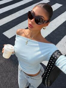 Muchica Women's Cold Shoulder Long Sleeve Ruched Solid Color T-Shirt - Baby Blue - View 3