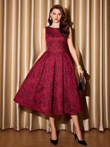 Vintamour Women's Jacquard Round Neck Sleeveless Elegant Mid-Length Dress Elegant Wedding Guest Party Red Dress For Women Fall/Winter New Year Dress For Women - Burgundy - View 8