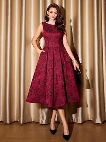 Vintamour Women's Jacquard Round Neck Sleeveless Elegant Mid-Length Dress Elegant Wedding Guest Party Red Dress For Women Fall/Winter New Year Dress For Women - Burgundy - View 7
