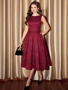 Vintamour Women's Jacquard Round Neck Sleeveless Elegant Mid-Length Dress Elegant Wedding Guest Party Red Dress For Women Fall/Winter New Year Dress For Women - Burgundy - View 3