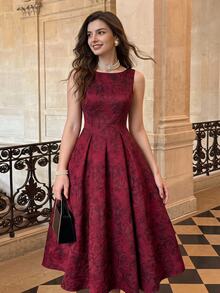 Vintamour Women's Jacquard Round Neck Sleeveless Elegant Mid-Length Dress Elegant Wedding Guest Party Red Dress For Women Fall/Winter New Year Dress For Women - Burgundy - View 1