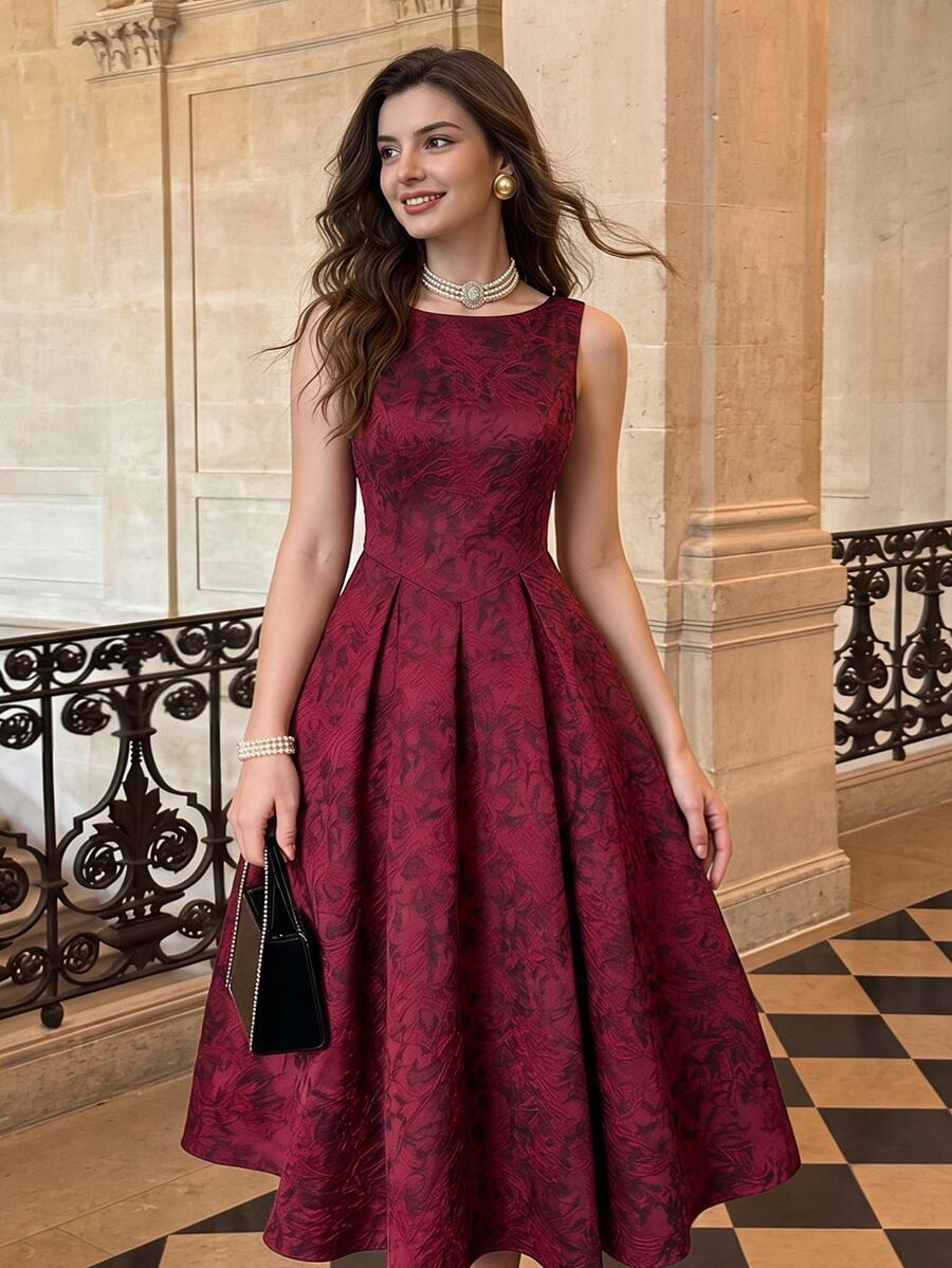 Vintamour Women's Jacquard Round Neck Sleeveless Elegant Mid-Length Dress Elegant Wedding Guest Party Red Dress For Women Fall/Winter New Year Dress For Women - Burgundy - View 1