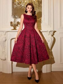 Vintamour Women's Jacquard Round Neck Sleeveless Elegant Mid-Length Dress Elegant Wedding Guest Party Red Dress For Women Fall/Winter New Year Dress For Women - Burgundy - View 6