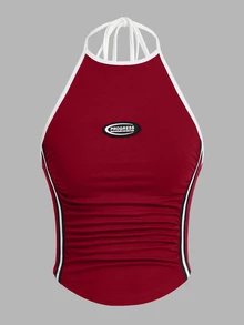 SHEIN ICON Casual Contrast Trim Lettered Drawstring Neck Top - Burgundy - View 3