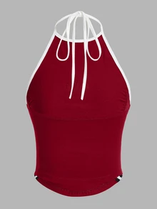 SHEIN ICON Casual Contrast Trim Lettered Drawstring Neck Top - Burgundy - View 6