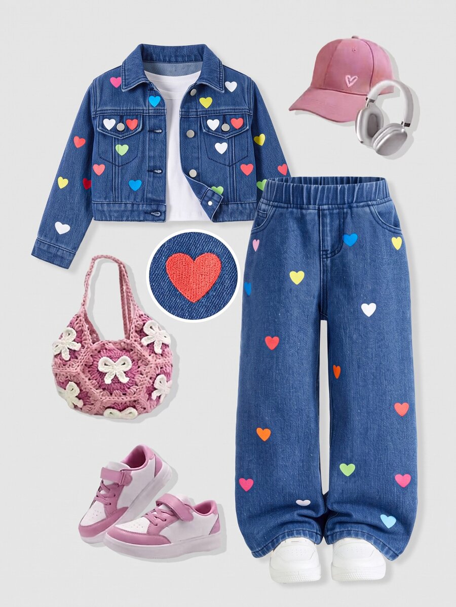 SHEIN 女童彩色愛心圖案深藍色牛仔寬鬆短夾克與長褲兩件套 - 藍色 - 查看 1
