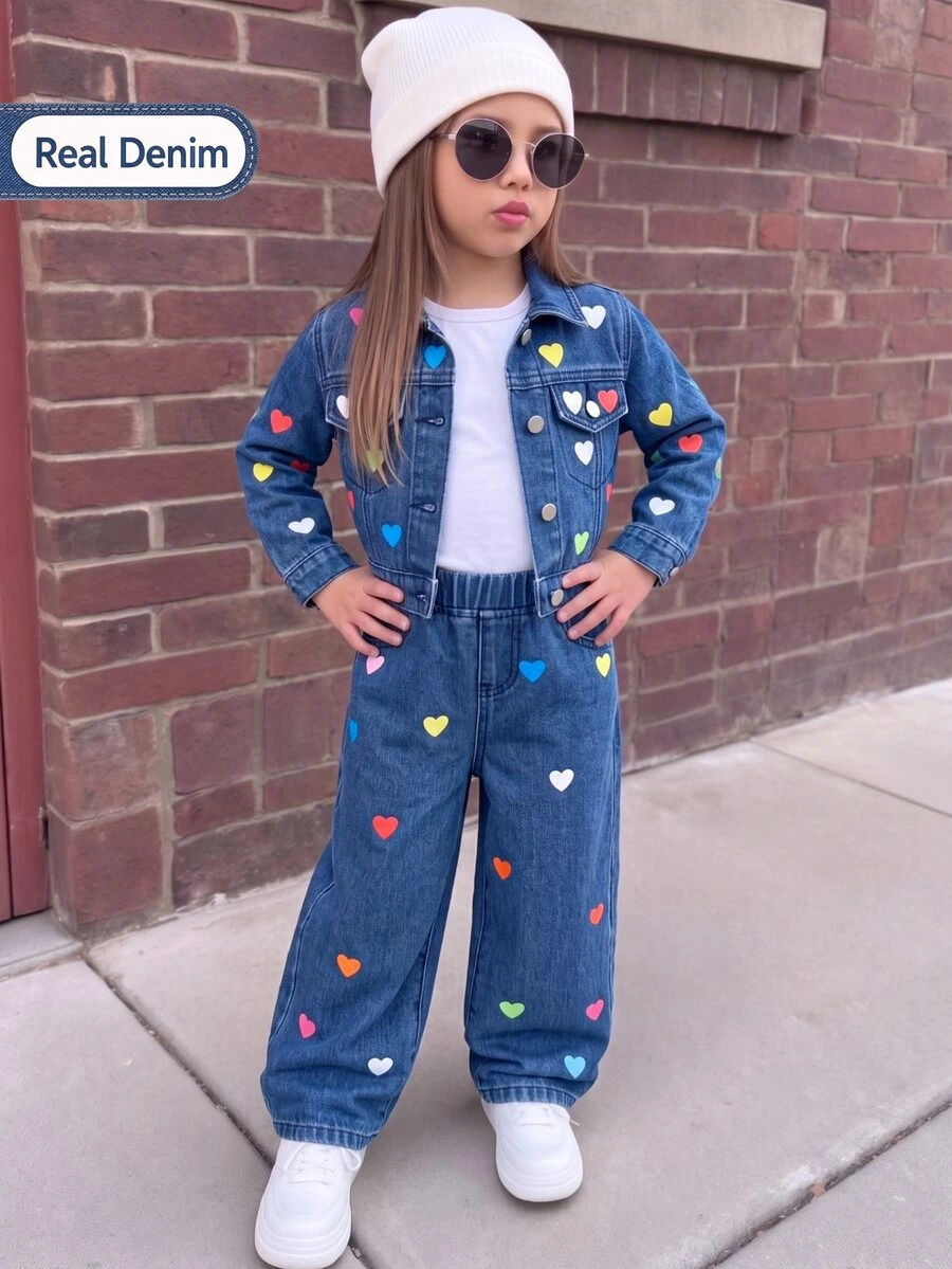 SHEIN Girls' Colorful Heart Pattern Dark Blue Denim Loose Short Jacket & Long Pants 2-Piece Set - Blue - View 1