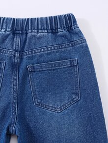 SHEIN 女童彩色愛心圖案深藍色牛仔寬鬆短夾克與長褲兩件套 - 藍色 - 查看 5